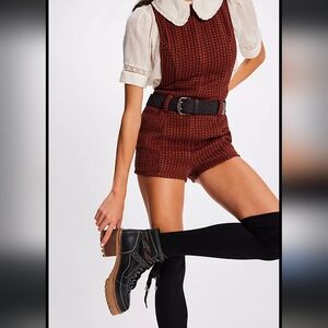 NWOT Free People Mod Mini Romper Hounstooth Teracotta Combo Black 10